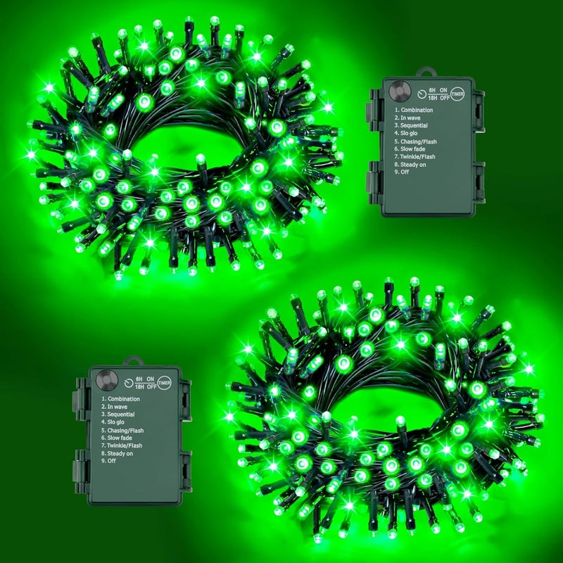 FFZZKJ Christmas Lights String Total 100LED Battery Operated Outdoor 8 Modes with Timer 16.4Ft*2, 50LED*2 Waterproof Fairy Lights Indoor for Christmas Decor, Green, 2-Pack - Image 1